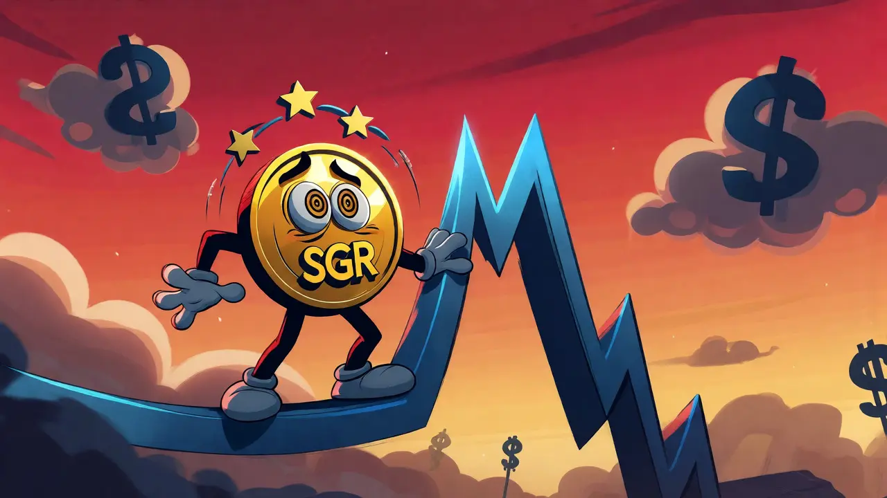 Cartoon coin character riding a volatile price chart rollercoaster