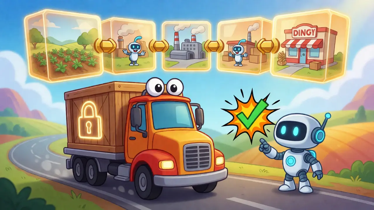 Cartoon delivery truck tracked by floating blockchain ledger with robot scanner