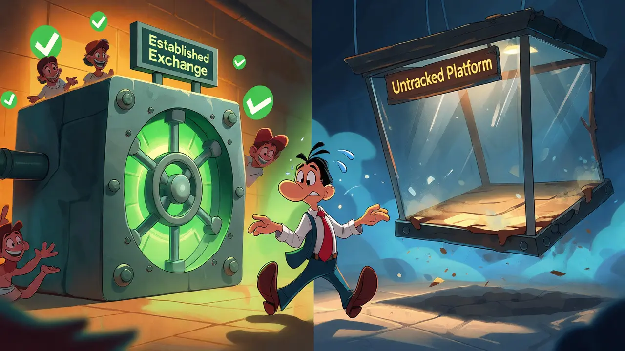 Cartoon investor hesitating between a solid bank vault and an empty, risky glass box.