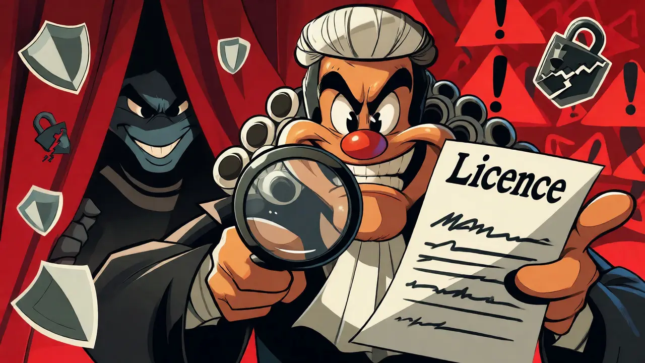 Cartoon regulator inspecting a blank license while a shady figure hides behind a curtain.