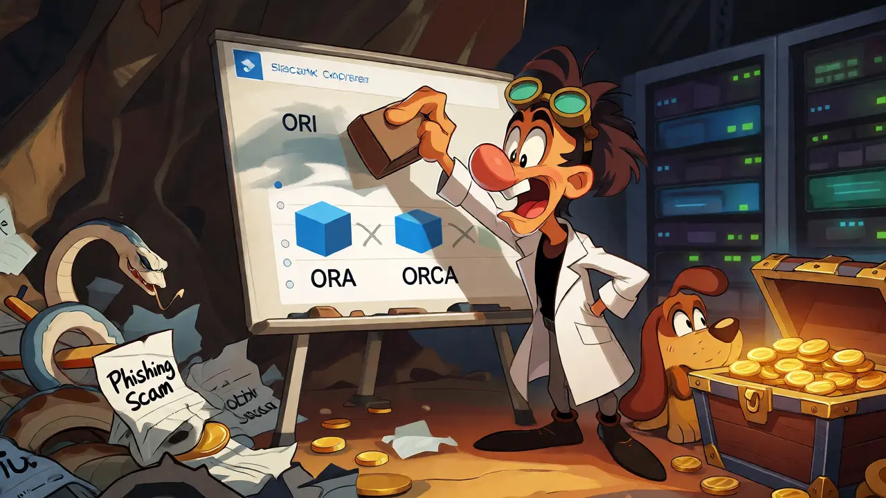 Cartoon scientist verifying blockchain data and discarding fake tokens.