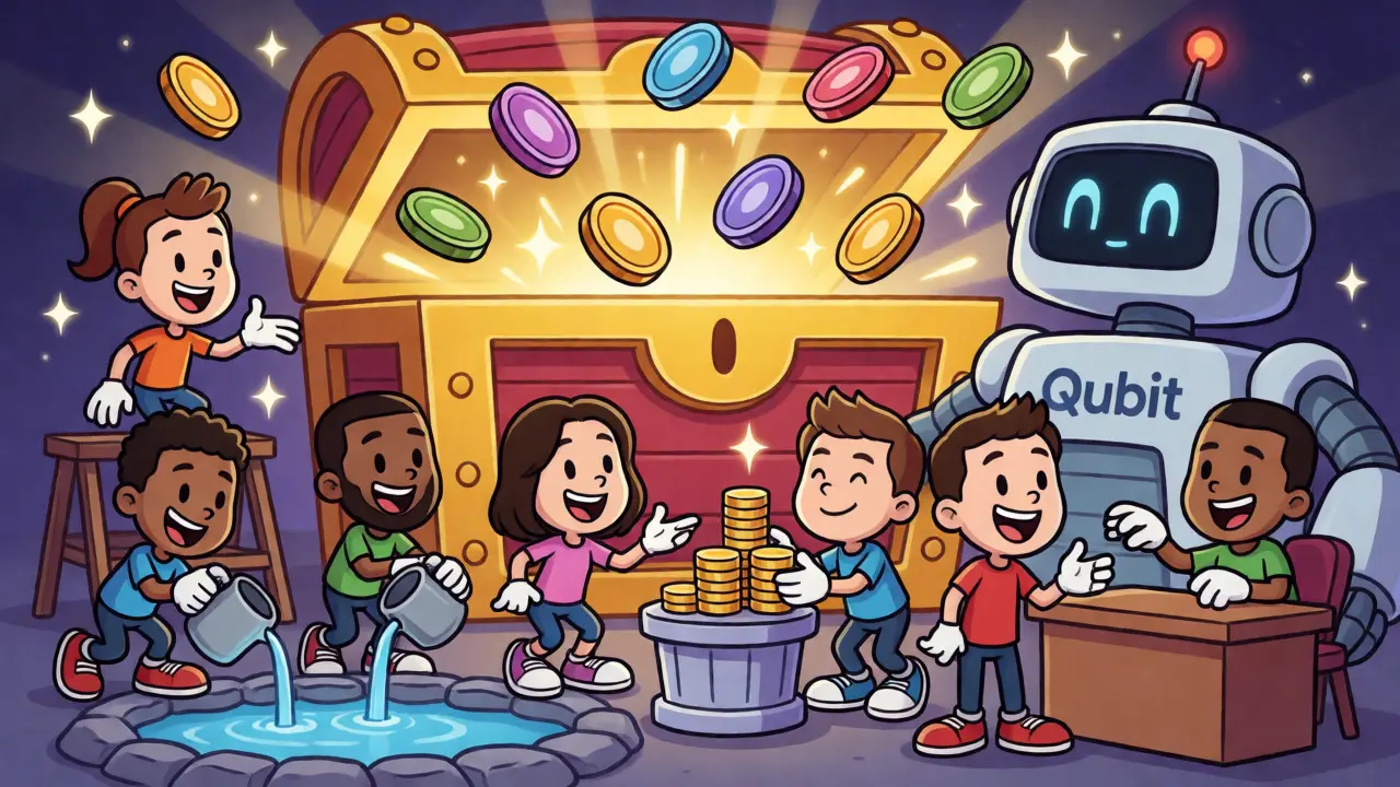 Cartoon users earning QBT tokens by staking and providing liquidity.