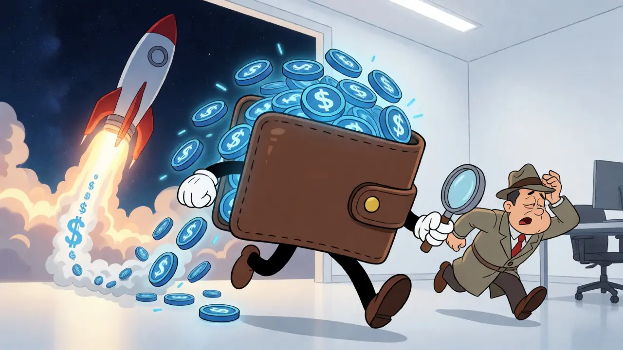 Cartoon wallet running from a detective while fueling a rocket launch.