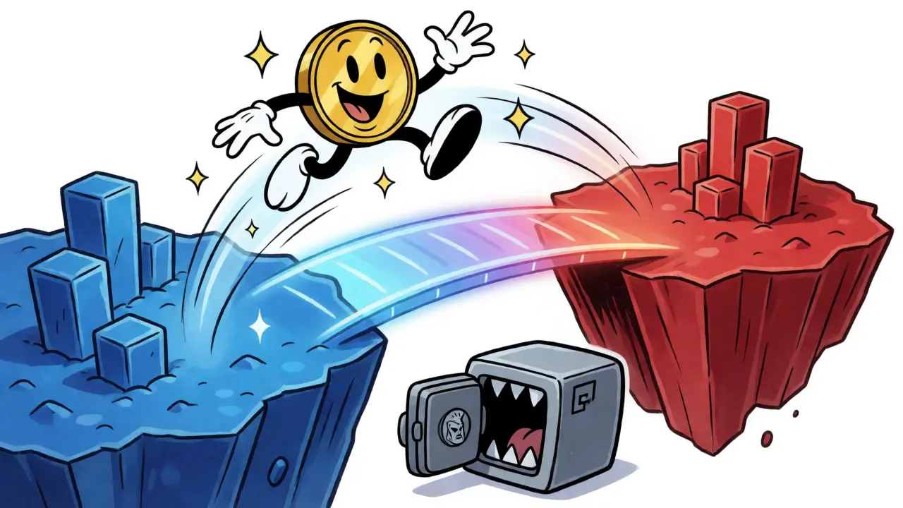 Coin character jumping across a light bridge between two blockchain islands into a vault.