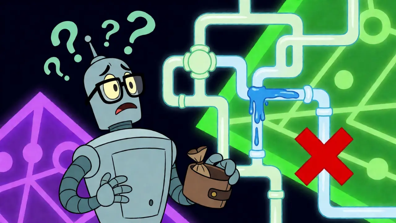 Confused robot facing tangled cross-chain bridge pipes and errors