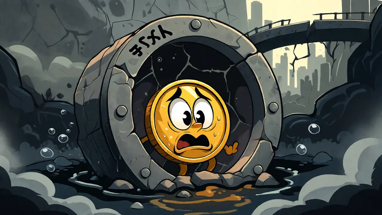 Distressed coin character trapped in a cracked vault sinking into a liquidity swamp.