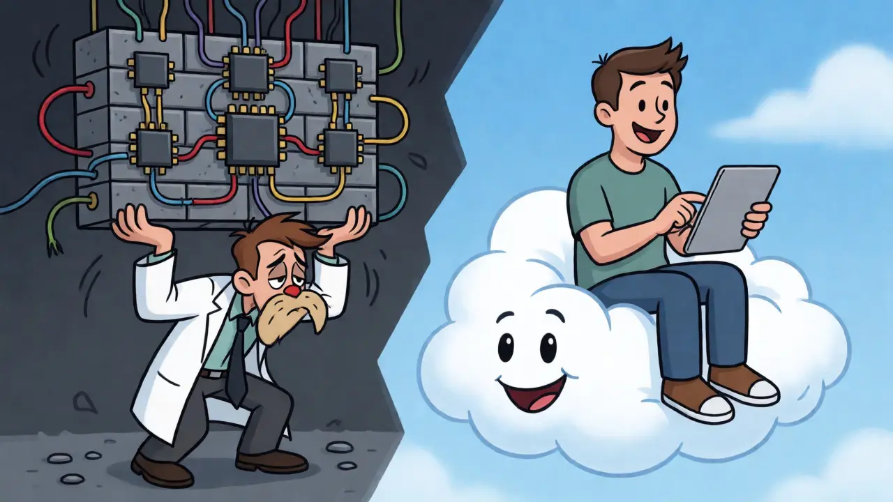 Engineer lifting heavy hardware vs developer relaxing on cloud for BaaS