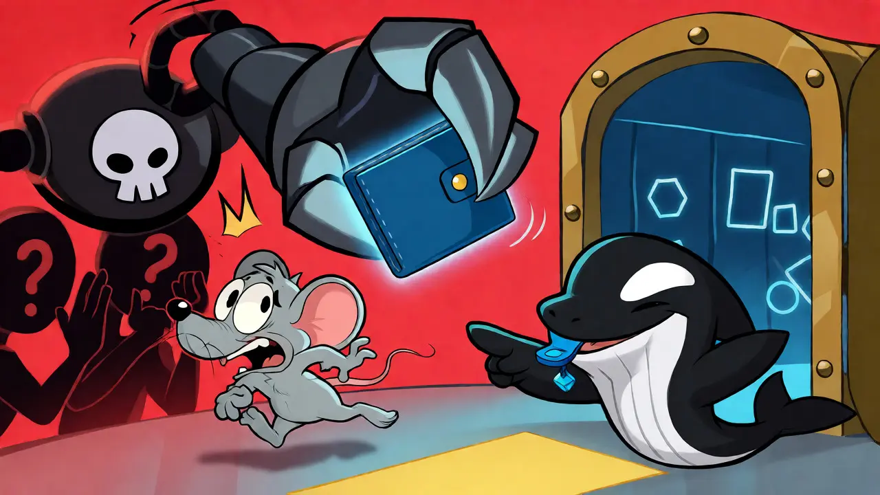 Frightened user fleeing a robotic claw while an Orca mascot signals safety.