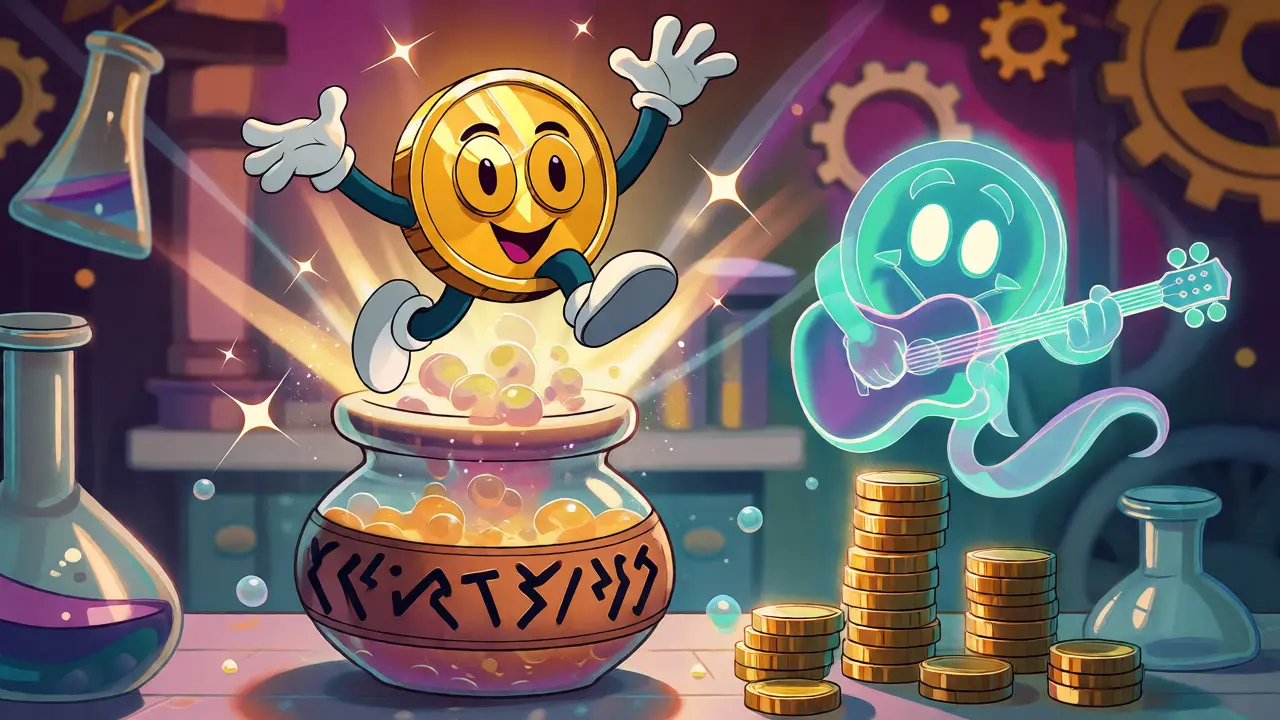 Gold coin transforming into liquid staking asset in magical lab