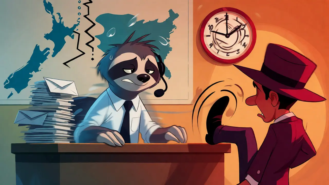 Impatient trader waiting for a slow sloth customer service rep with spinning clocks.