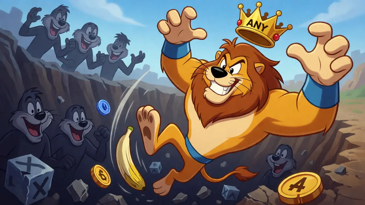 Lion mascot slipping on code banana peel into a pit of competitors