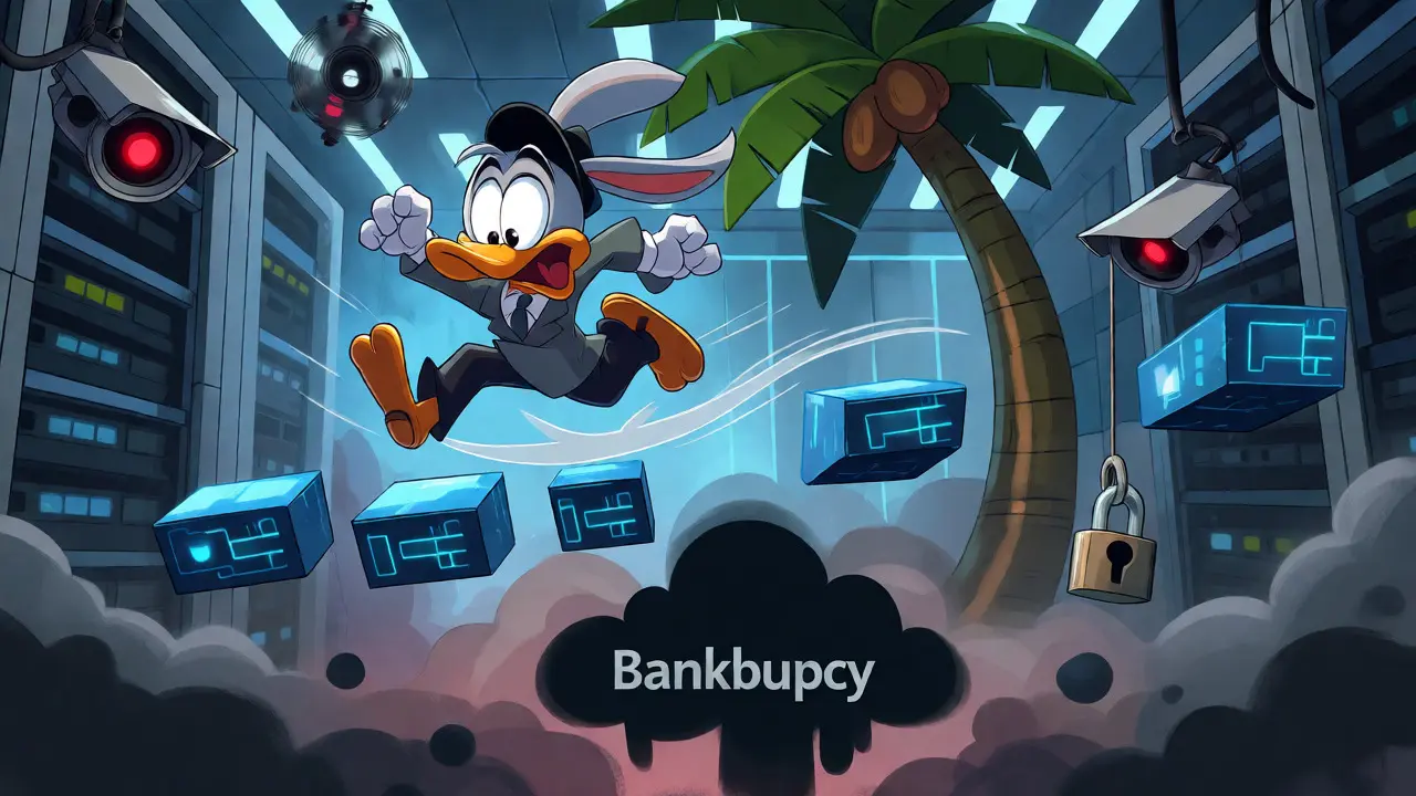 Nervous trader navigating a risky digital vault under a looming bankruptcy cloud.