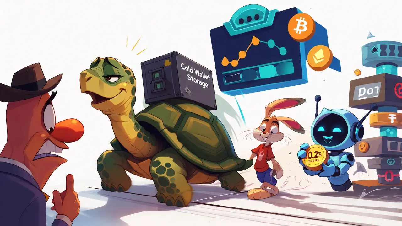 Slow turtle representing cold wallet delays frustrating fast traders