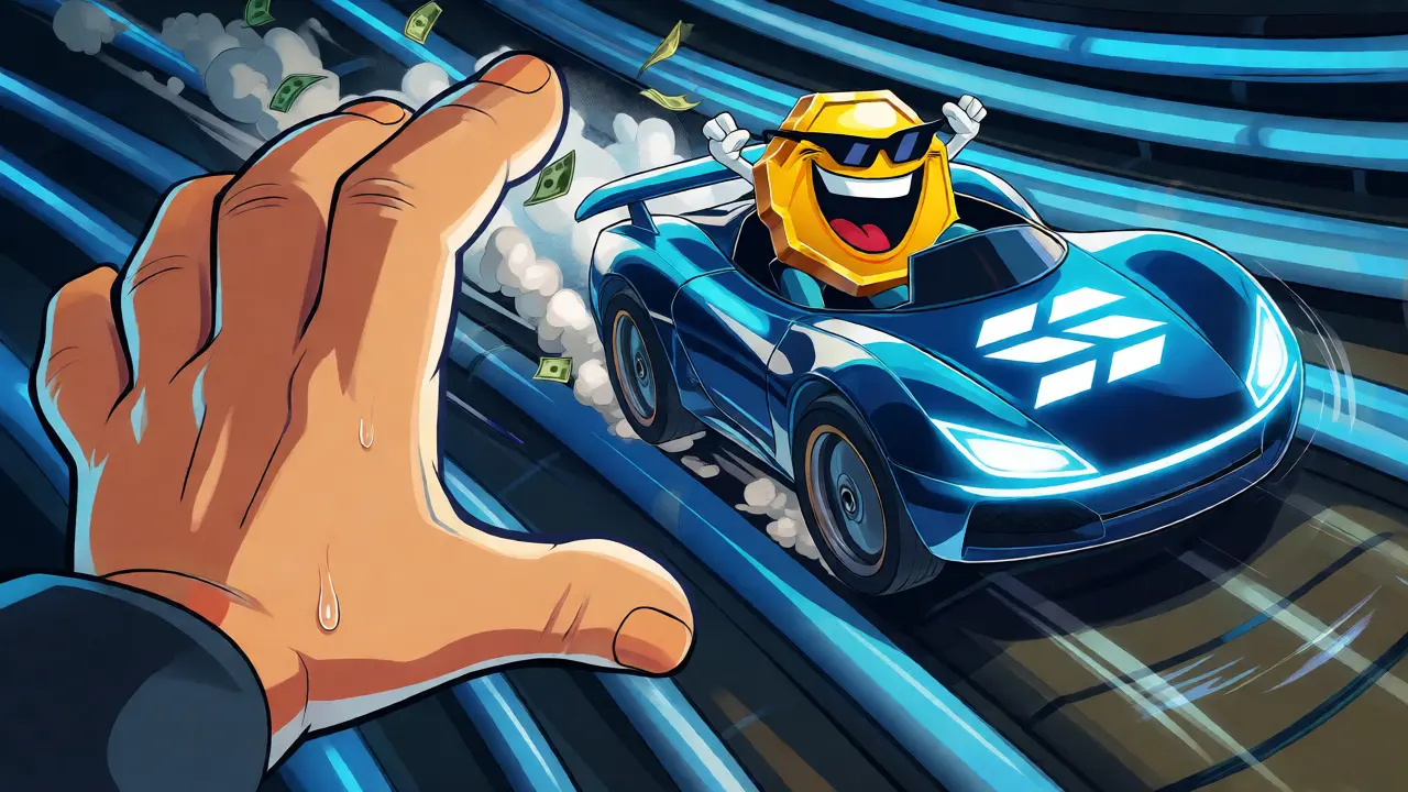 Solana race car carrying a meme token character speeding away from investors.