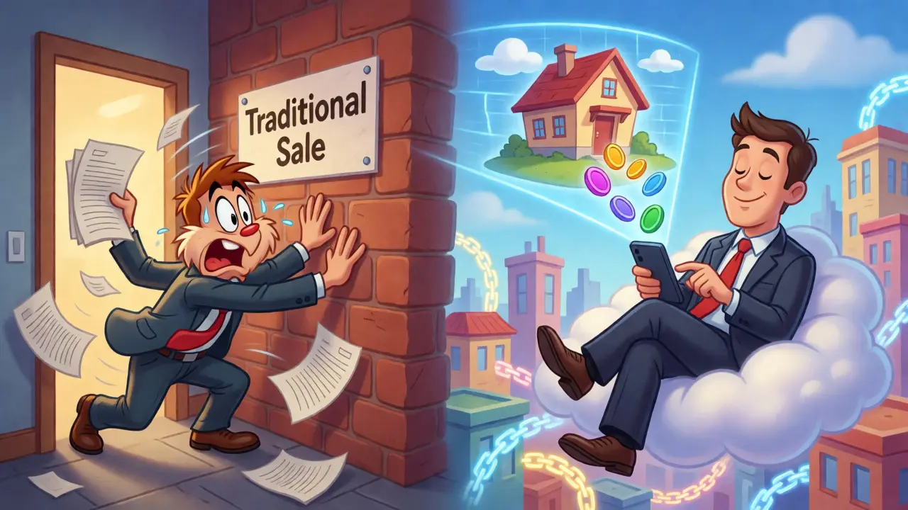 Split screen showing slow traditional sales vs fast token trading.