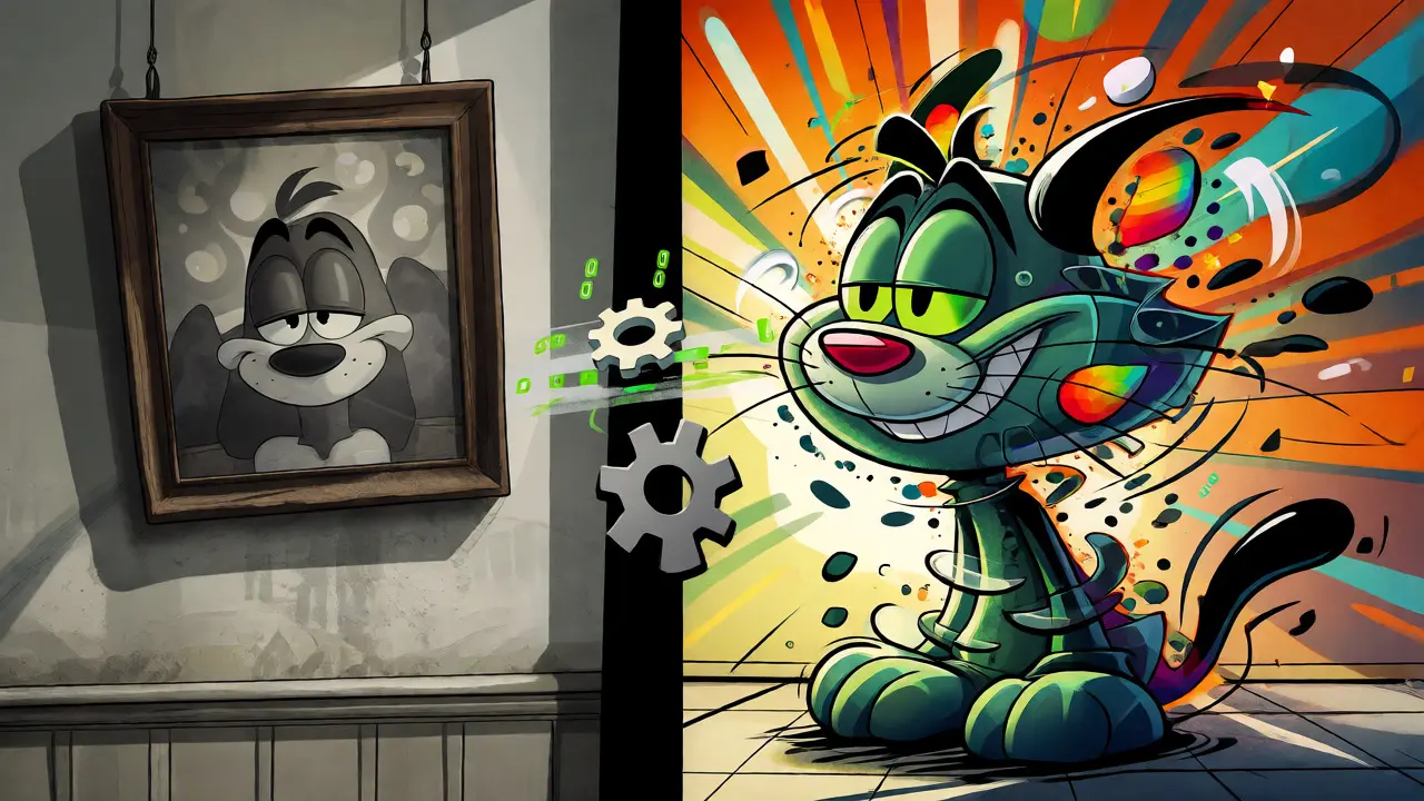 Split screen showing static art transforming into a dynamic AI creature