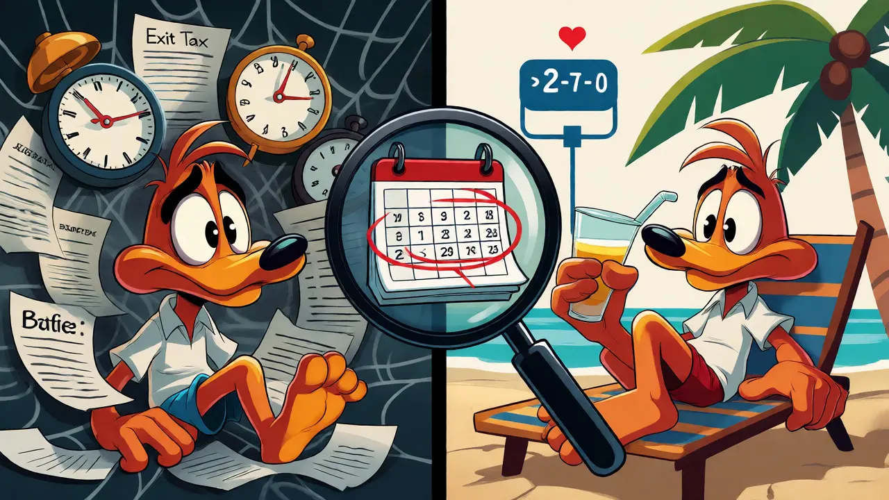 Split screen showing tax stress versus relaxed post-relocation life