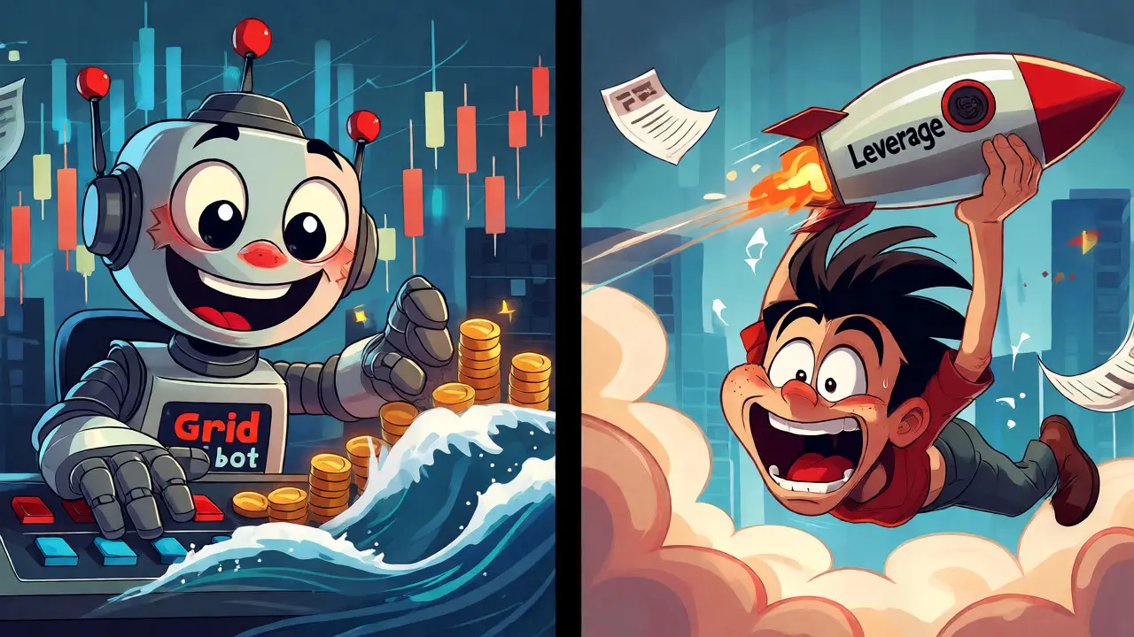 Split view of a happy grid bot robot versus a chaotic human trader on a runaway leverage rocket.