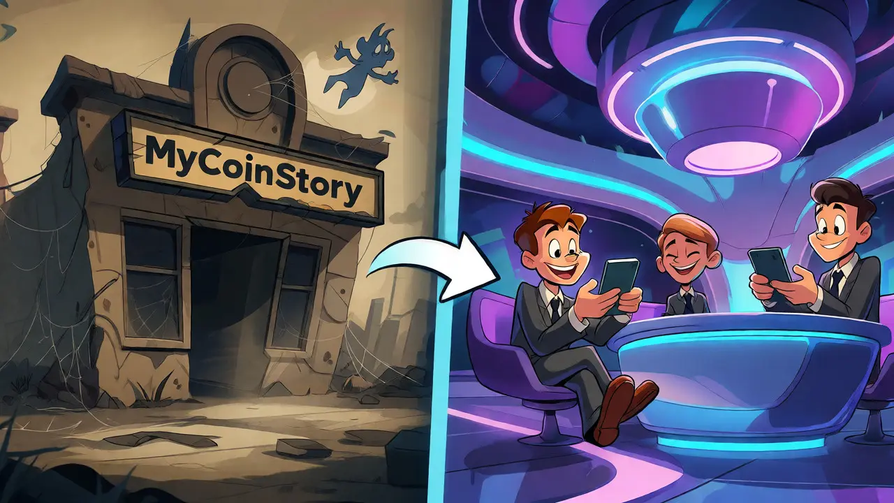Split view of an abandoned exchange versus a modern trading hub.