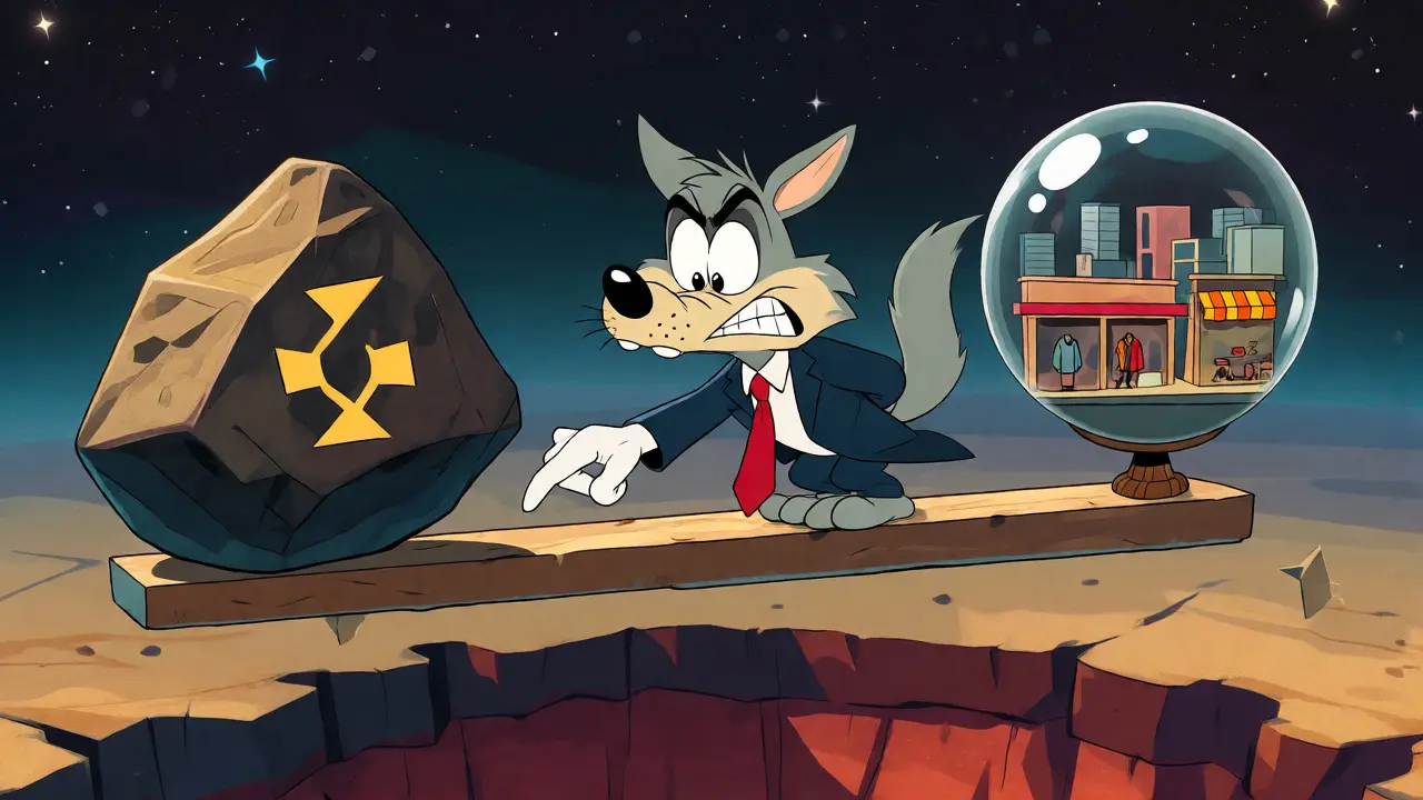 Stressed cartoon character balancing a heavy rock and fragile art city on a beam.