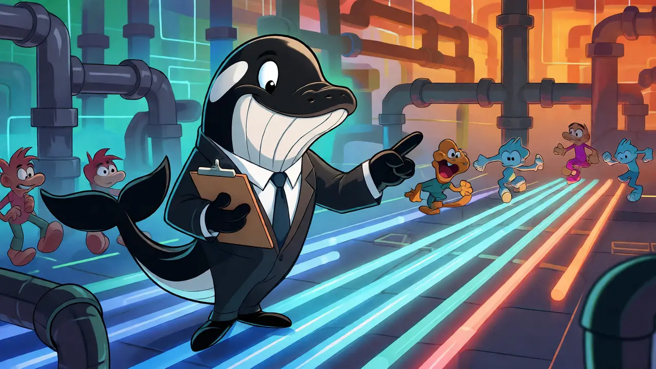 Suited cartoon orca guiding users through simple DeFi pathways