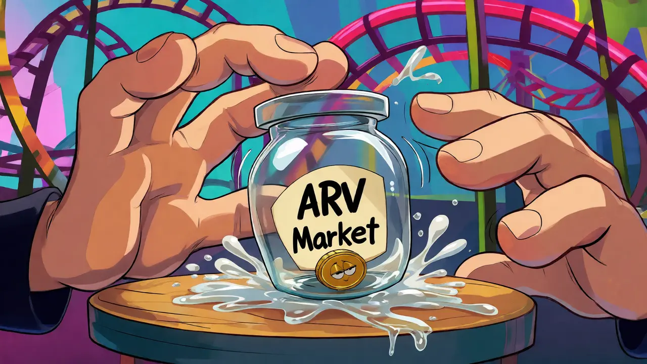 Tiny ARV market jar shaking under giant trader hands on a rollercoaster