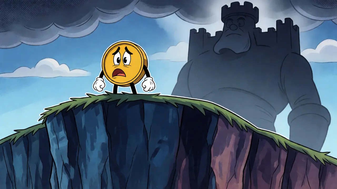Tiny crypto token standing nervously on a cliff edge facing a large distant competitor.