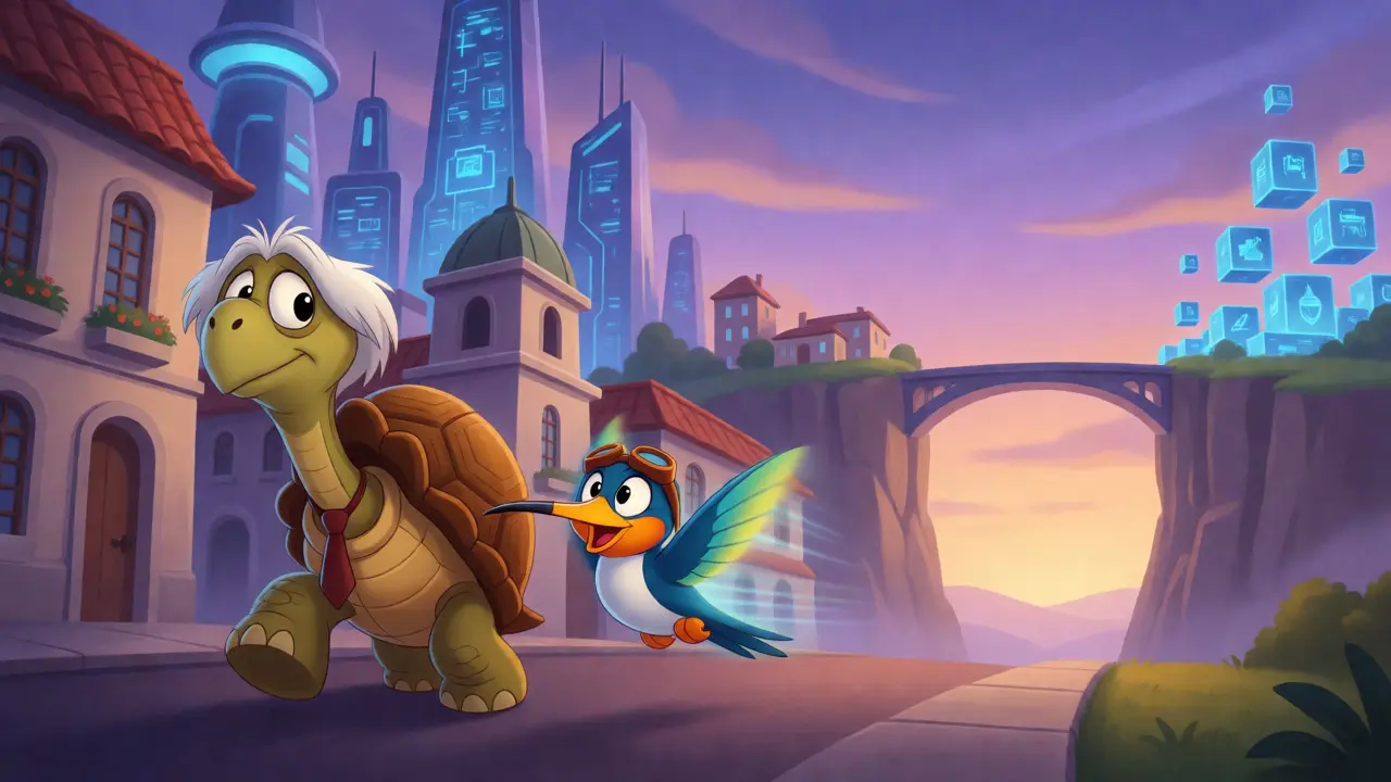 Tortoise and hummingbird walking toward digital finance bridge
