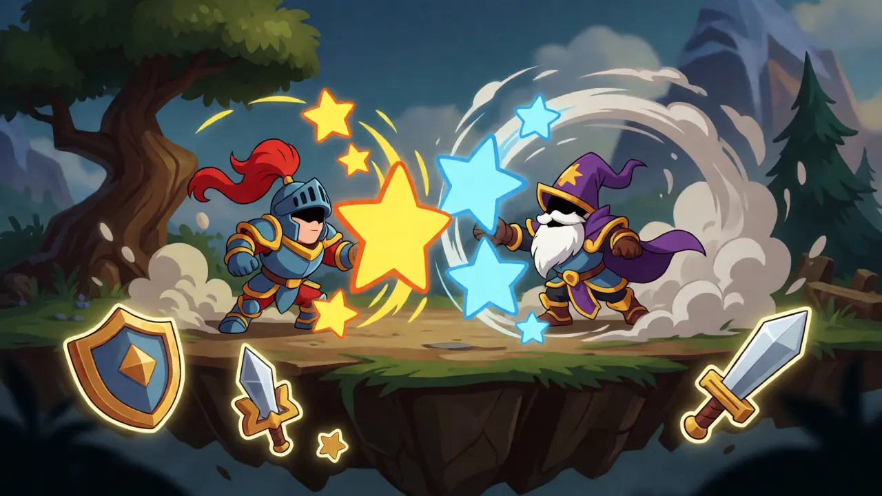 Two cartoon heroes battling in a colorful arena with floating NFT items.