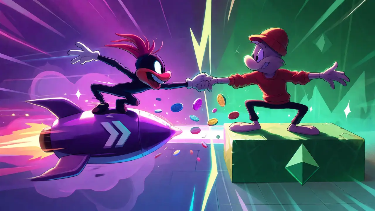 Two characters bridging Solana and Ethereum networks in a dynamic tug-of-war.