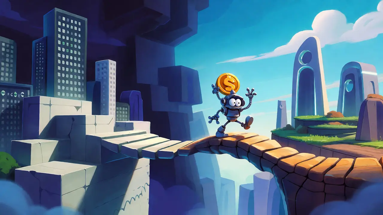 Whimsical robot crossing an elastic bridge connecting two distinct blockchain cities