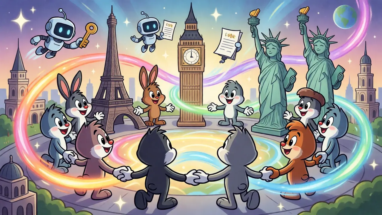 World landmarks connected by glowing blockchain ribbons in a circle.
