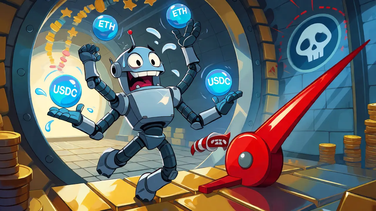 Robot juggling crypto orbs near a dangerous health factor gauge in a vault.