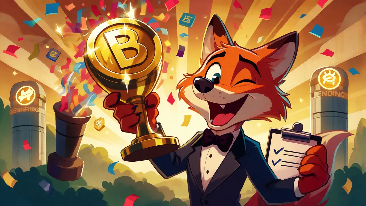 Tuxedoed fox holding a token trophy amidst confetti and protocol pillars.